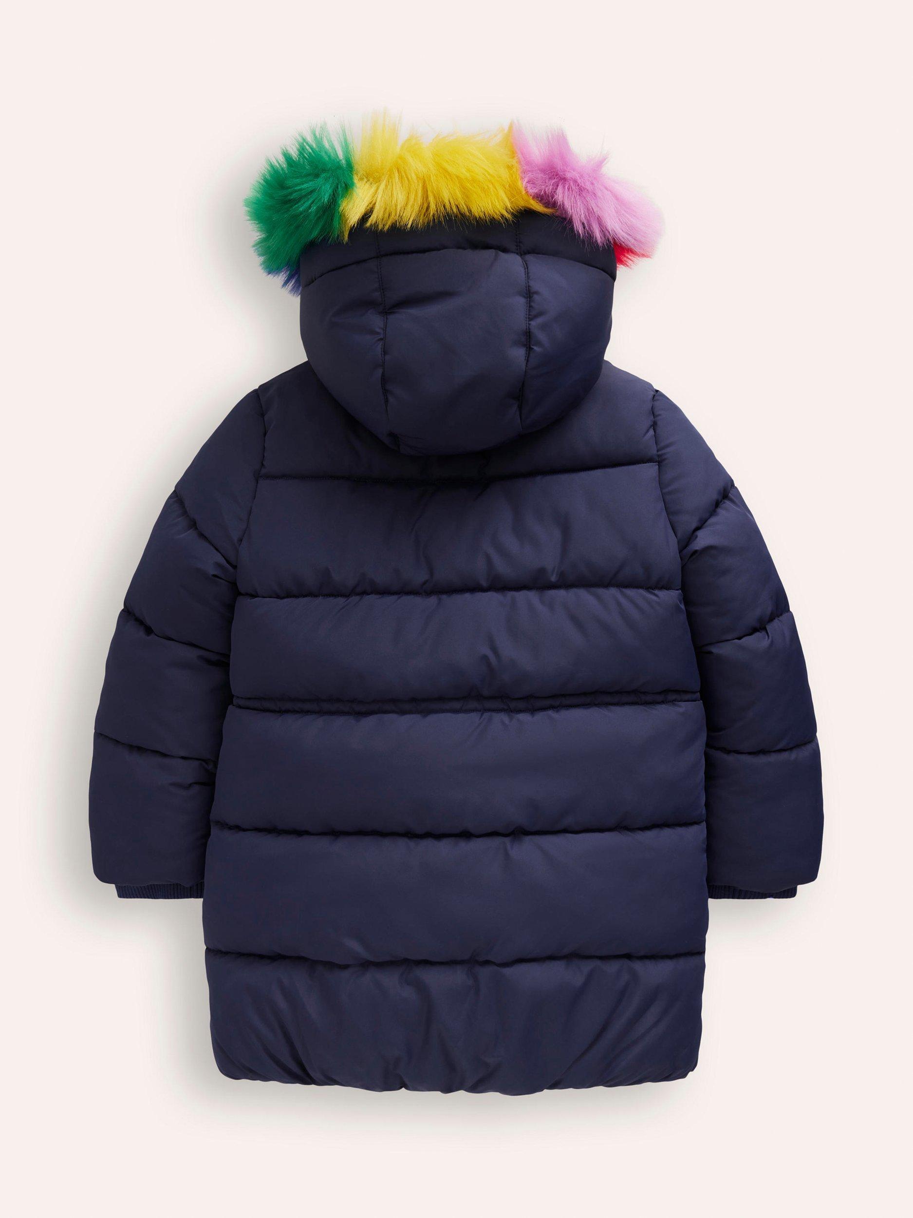 Mini Boden Kids Longline Padded Coat Navy Rainbow Fur