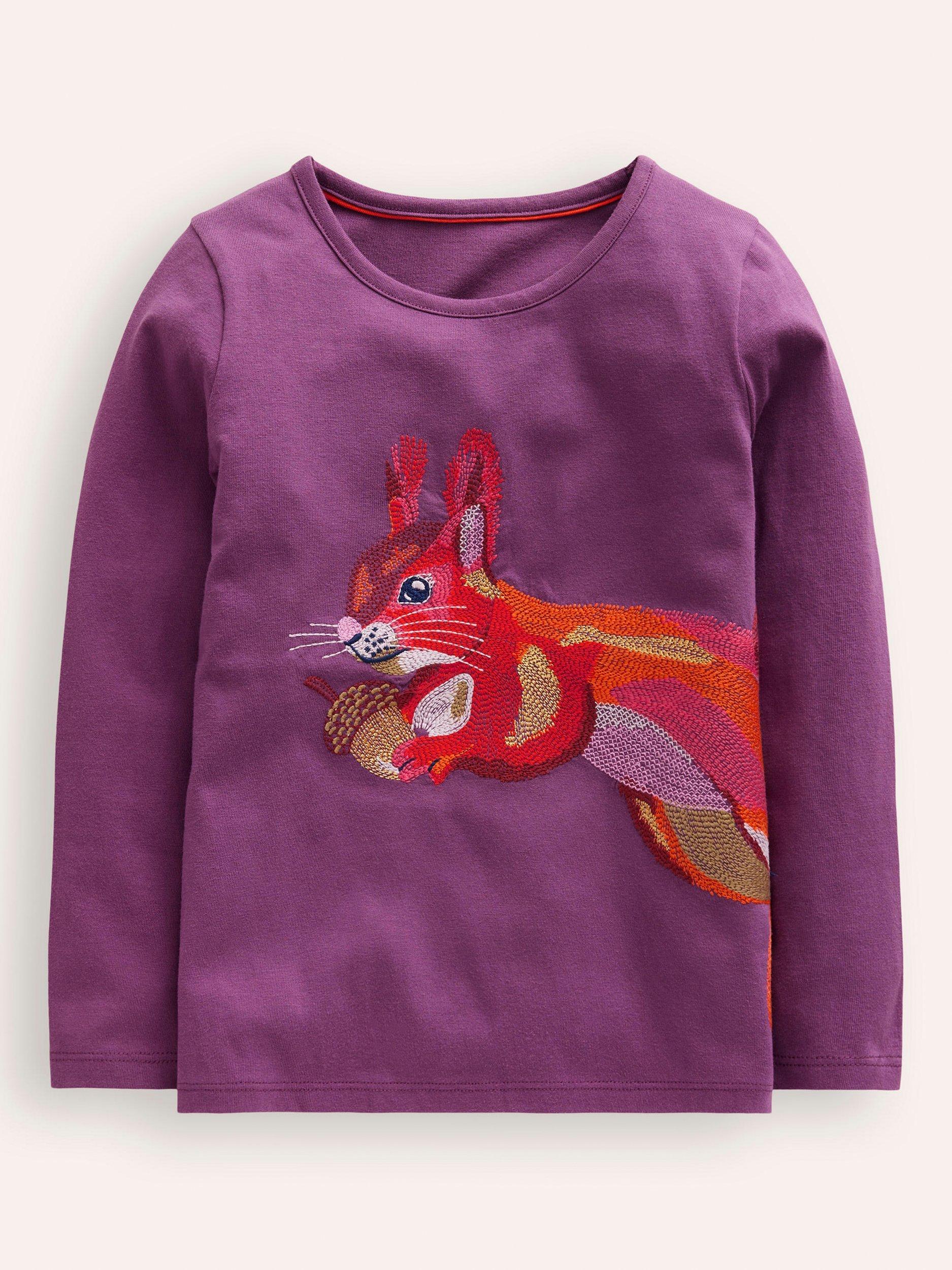 Mini Boden Kids' Front and Back Squirrel Embroidered Top, Purple Squirrel