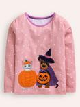 Mini Boden Kids' Cotton Halloween Lift The Flap T-Shirt, Pink/Ivory Star/Dog