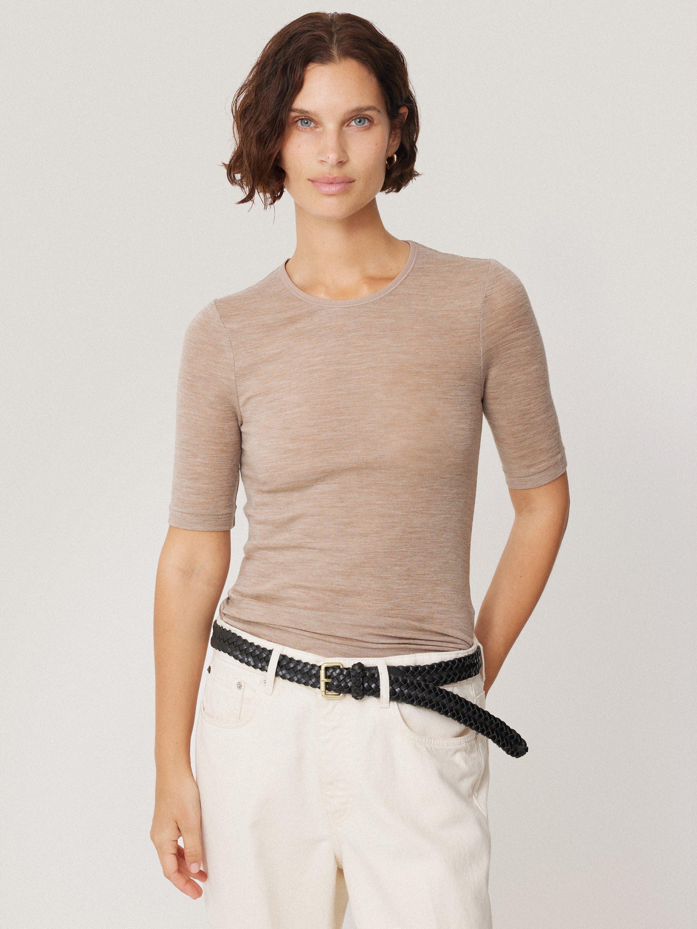 Jigsaw Pure Merino Wool Half Sleeve Knit Top, Stone