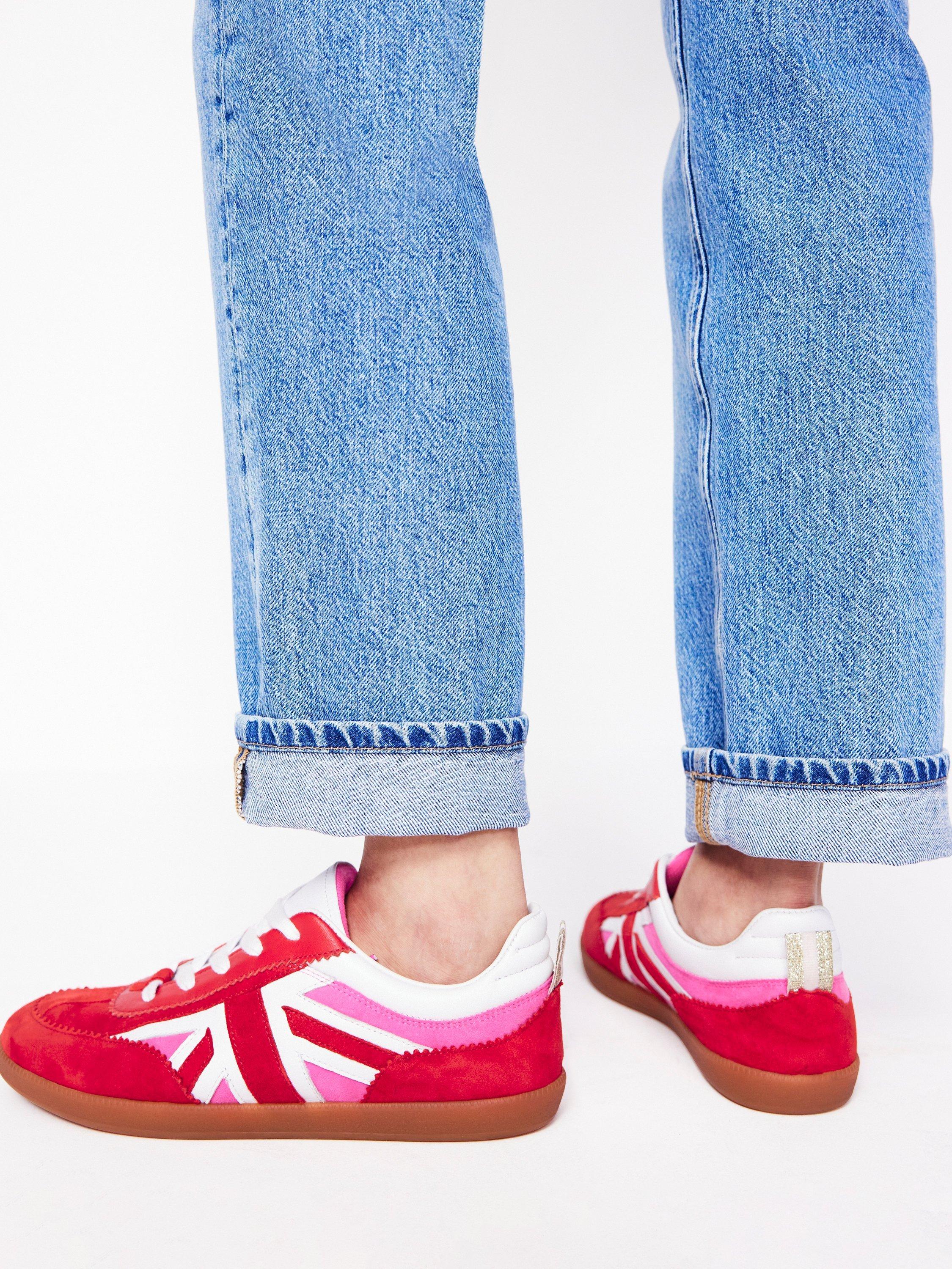 Product image 2 of 5, which shows Boden Erin Suede Union Jack Trainers, Red/Multi, 4