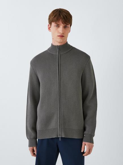 Kin Seam Zip Through Cotton Knit Cardigan, Castor Grey, Castor Grey