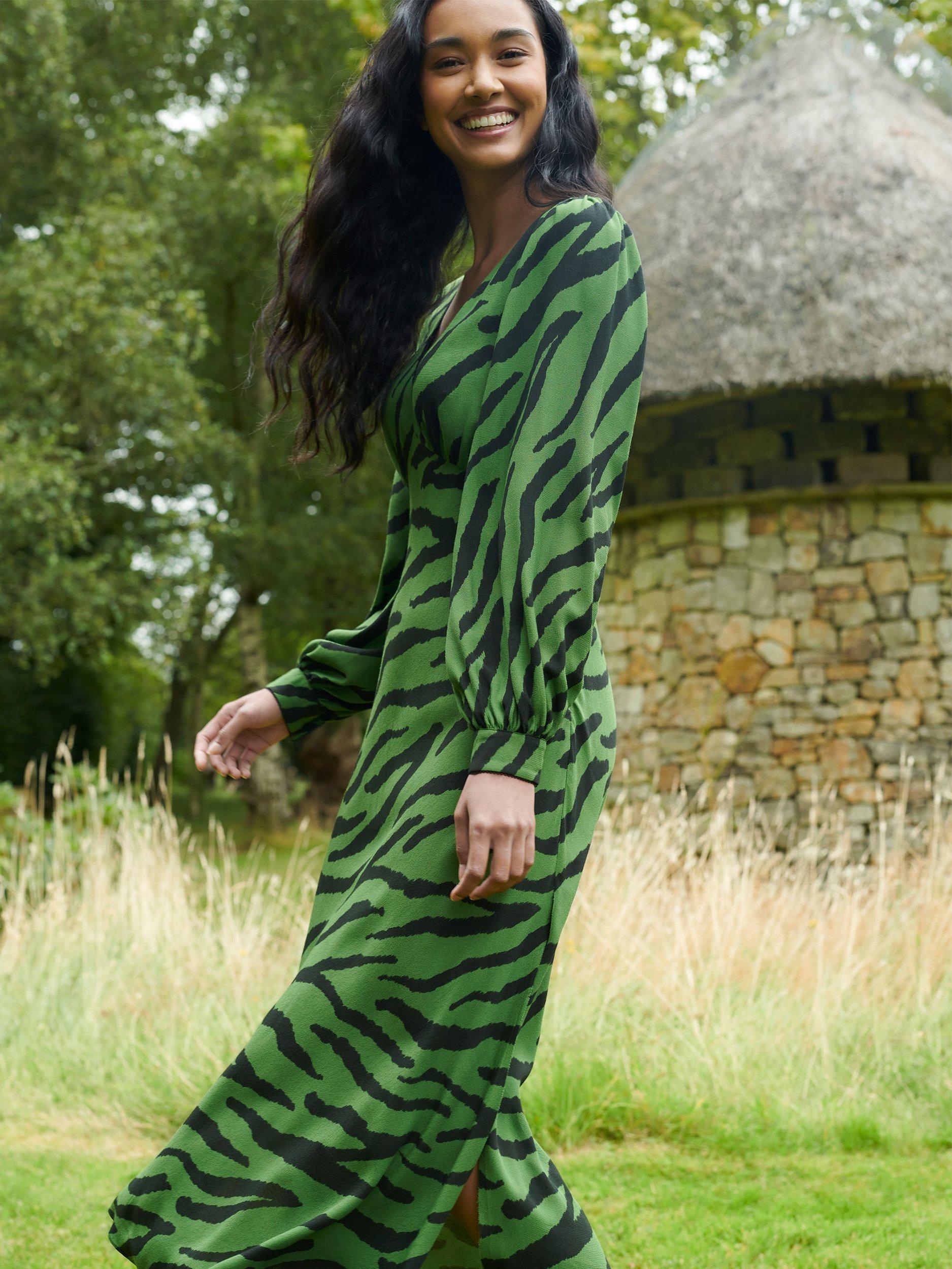 Product image 1 of 6, which shows Ro&Zo Zebra Print Bias Cut Midi Dress, Green/Black, 6