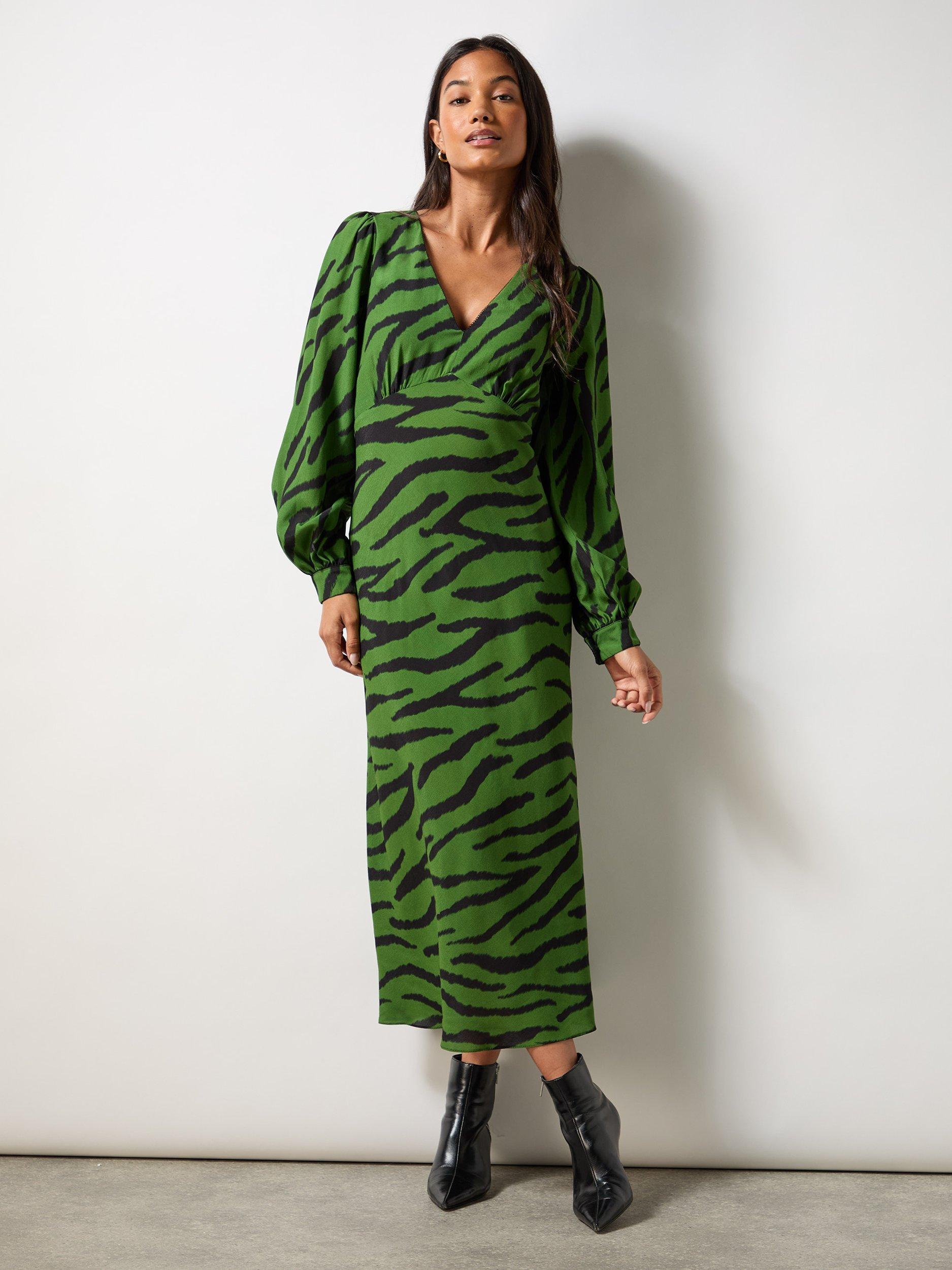 Product image 4 of 6, which shows Ro&Zo Zebra Print Bias Cut Midi Dress, Green/Black, 6