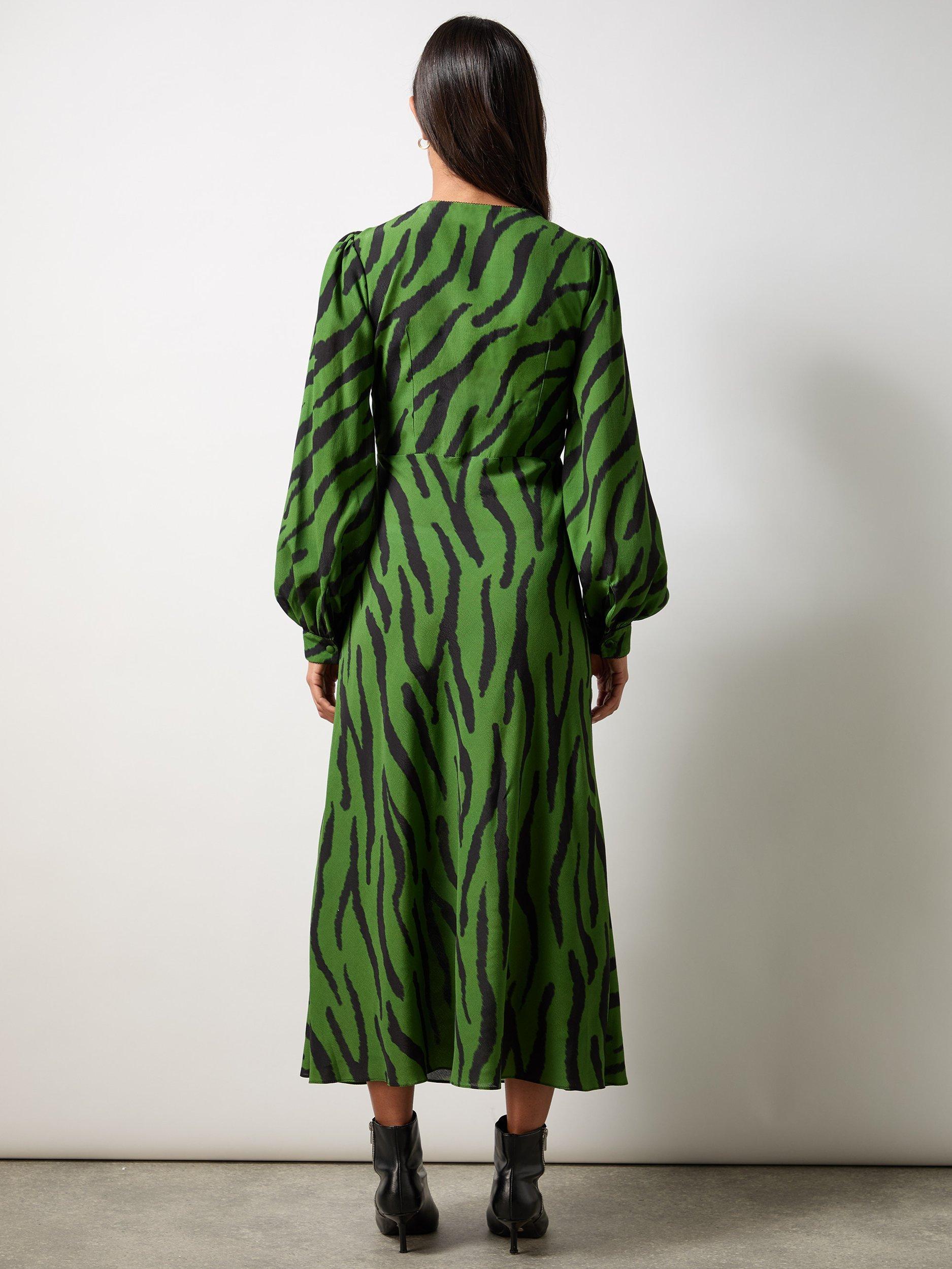 Product image 6 of 6, which shows Ro&Zo Zebra Print Bias Cut Midi Dress, Green/Black, 6