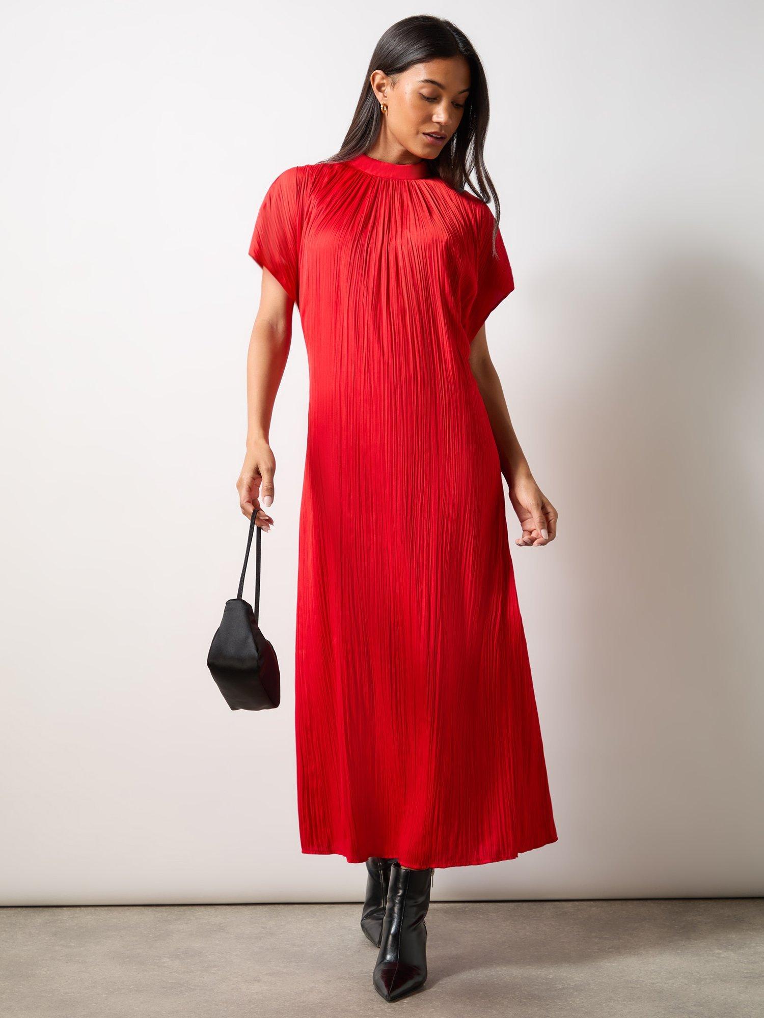 Ro&Zo Petite High Neck Plisse Dress, Red