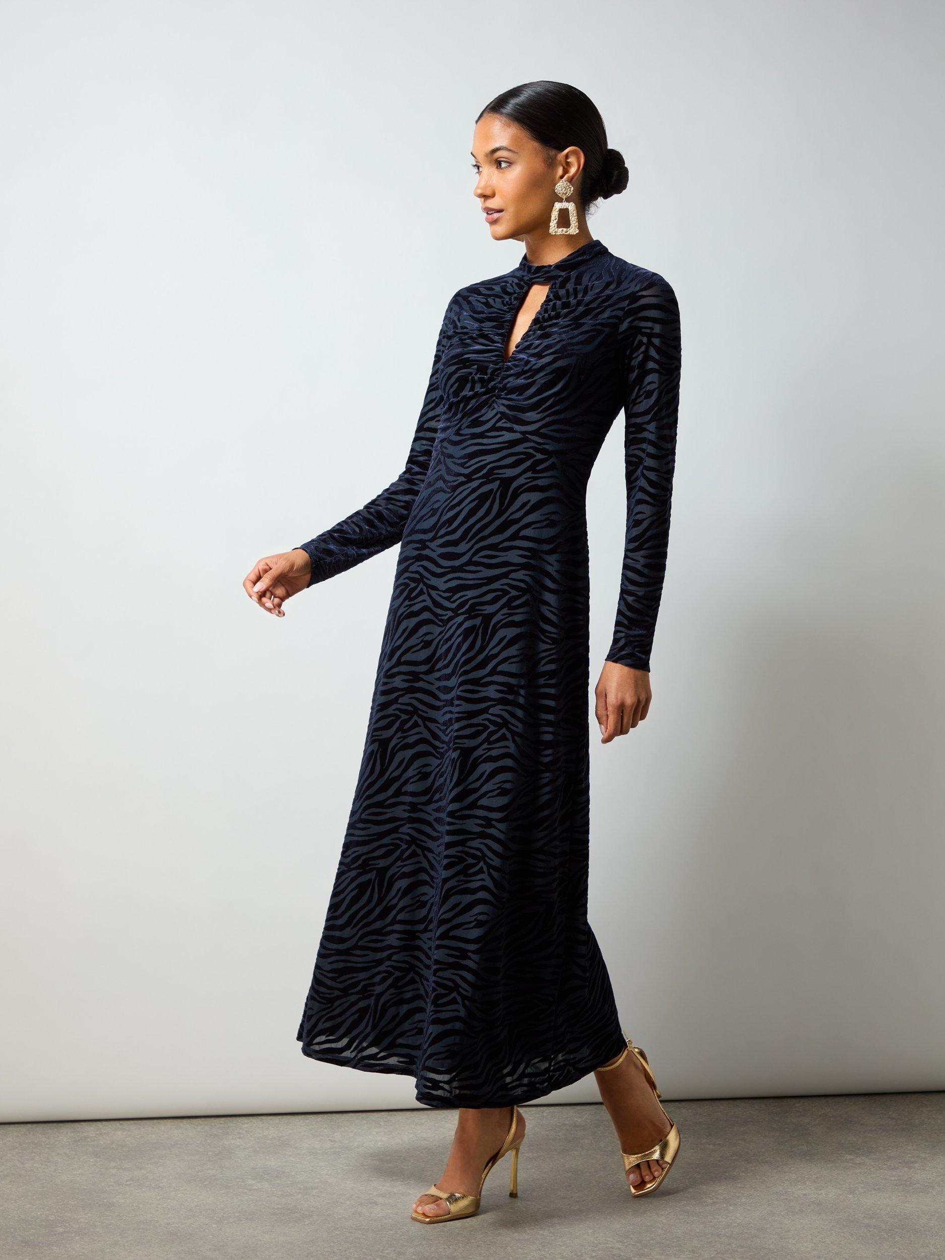 Product image 3 of 6, which shows Ro&Zo Zara Zebra Burnout Keyhole Dress, Navy/Multi, 18