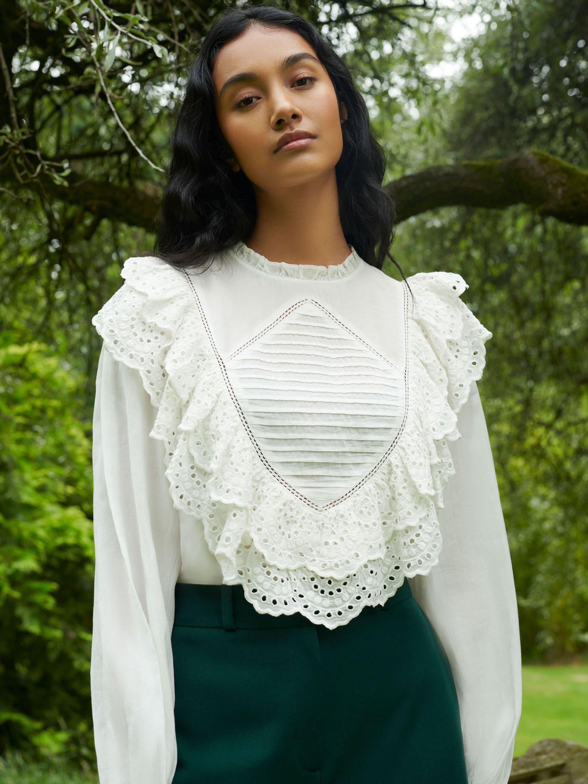 Product image 1 of 6, which shows Ro&Zo Frill Front Blouse, White, 8