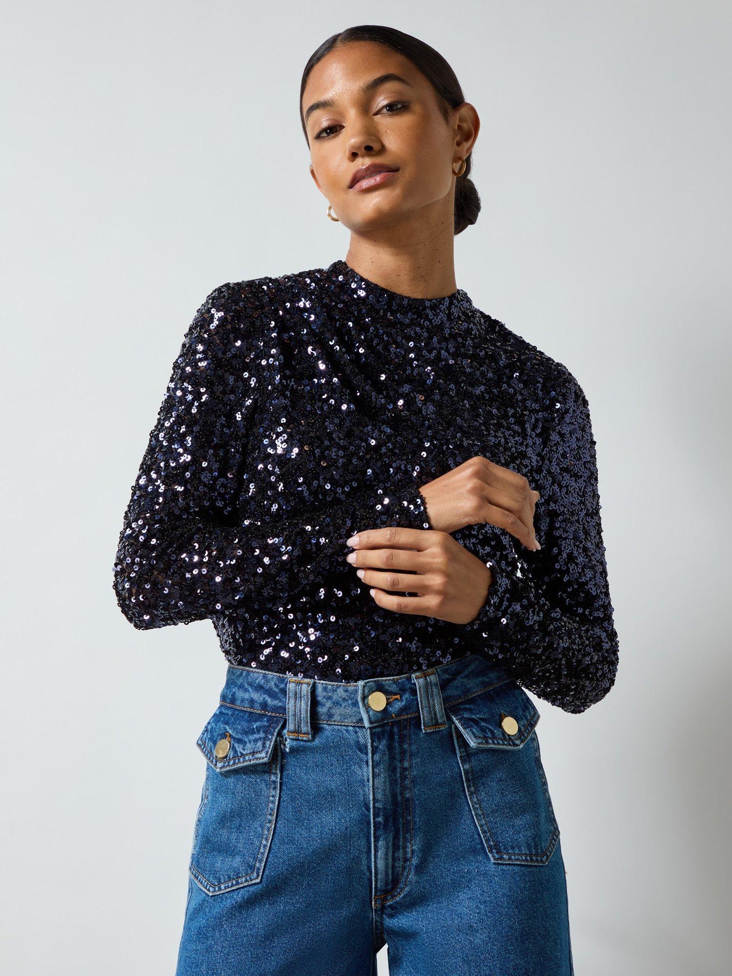 Product image 3 of 7, which shows Ro&Zo Navy Sequin High Neck Blouse, Navy, 12