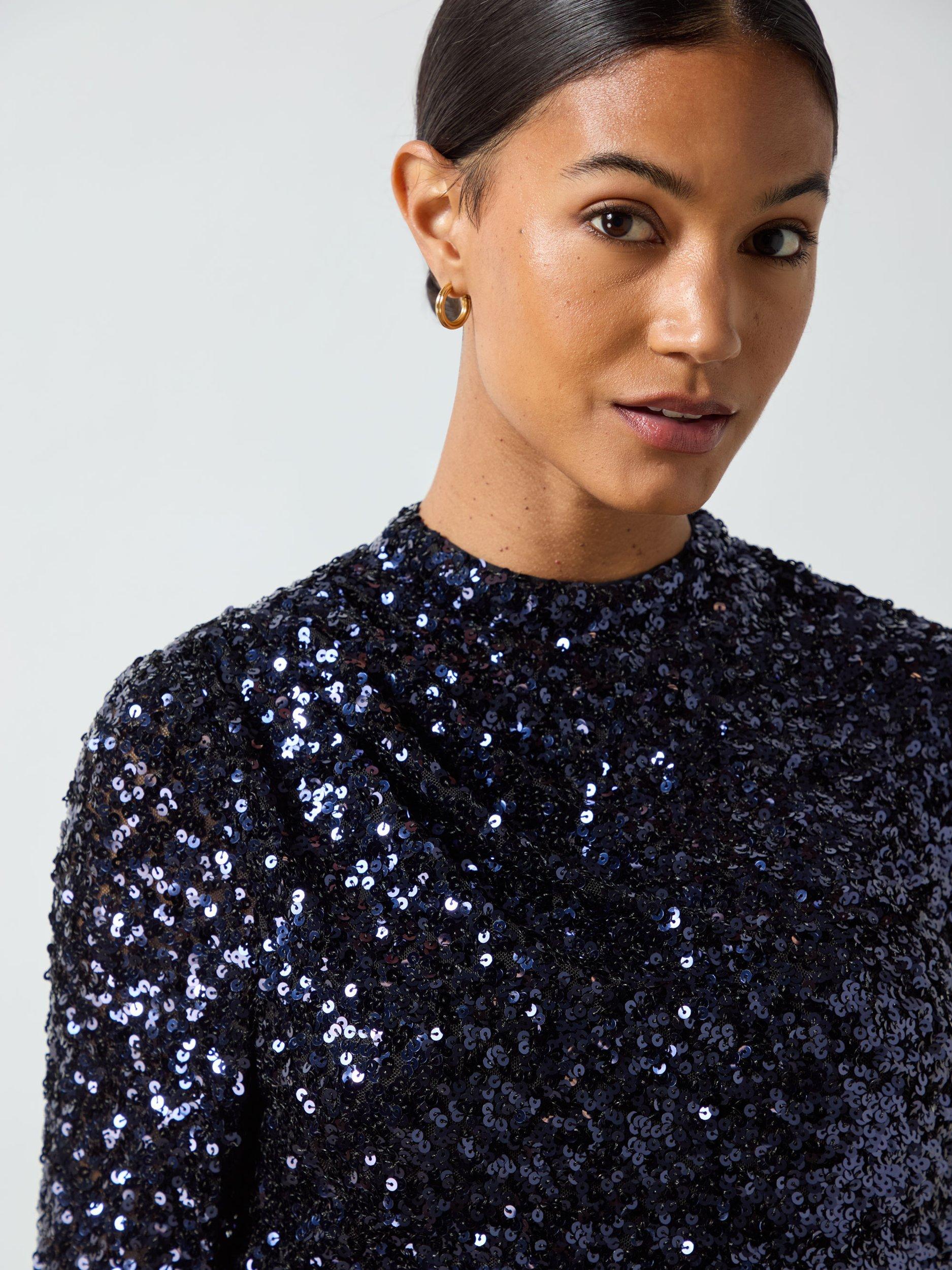 Product image 4 of 7, which shows Ro&Zo Navy Sequin High Neck Blouse, Navy, 12