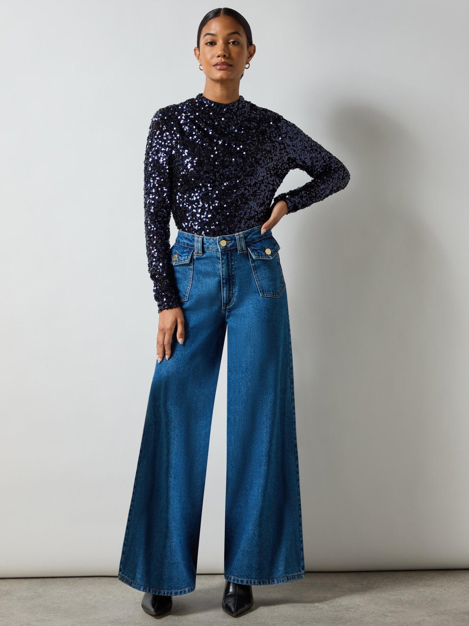 Product image 5 of 7, which shows Ro&Zo Navy Sequin High Neck Blouse, Navy, 12
