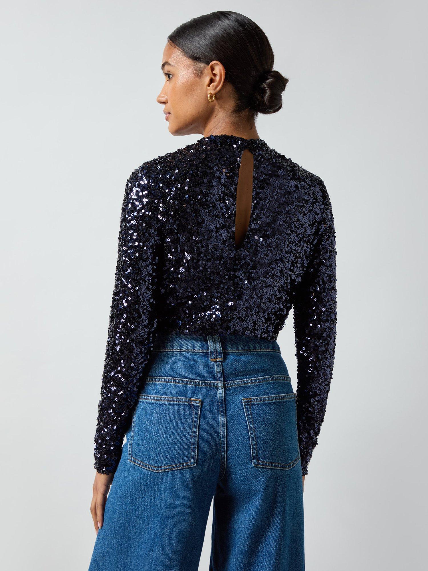 Product image 6 of 7, which shows Ro&Zo Navy Sequin High Neck Blouse, Navy, 12