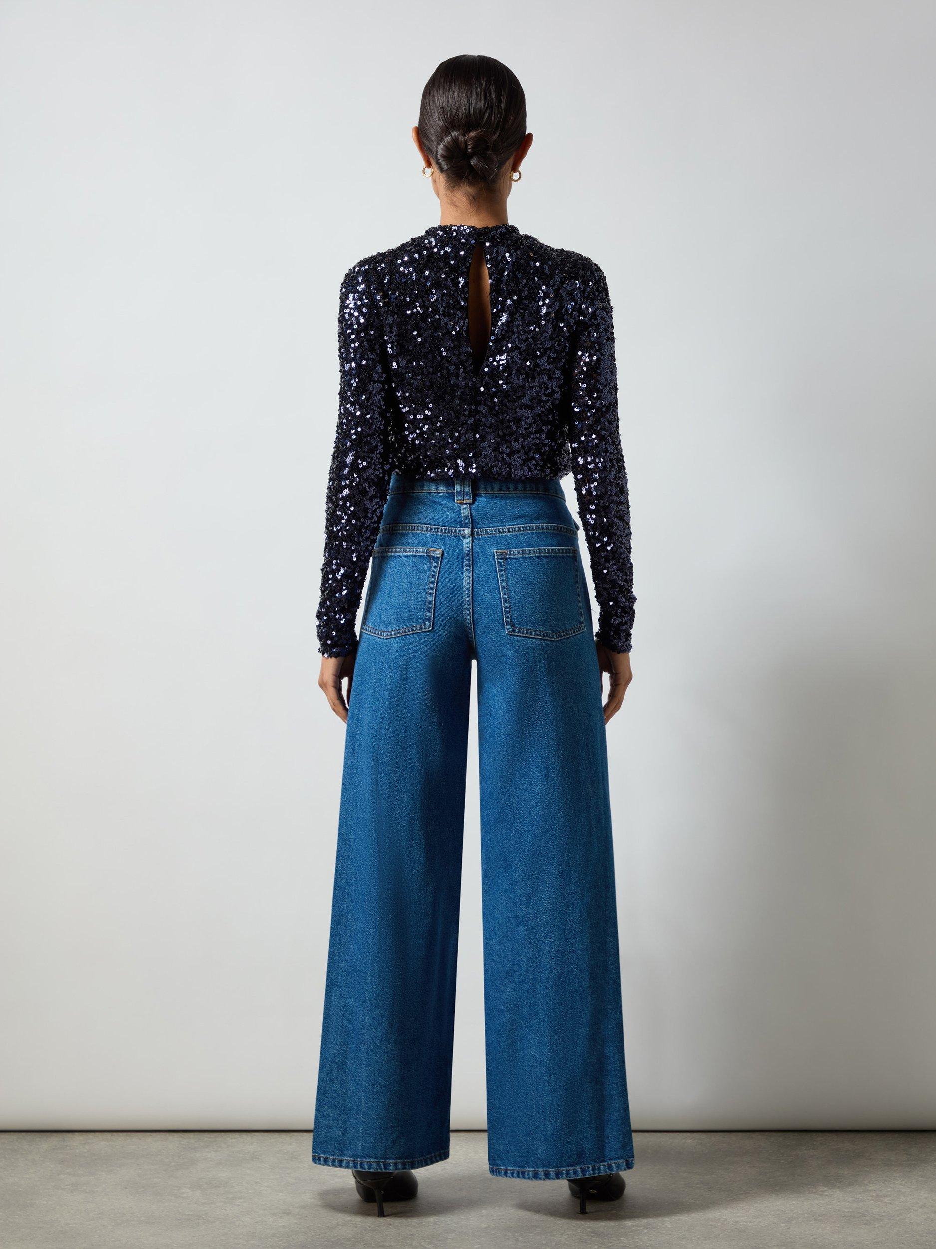 Product image 7 of 7, which shows Ro&Zo Navy Sequin High Neck Blouse, Navy, 12