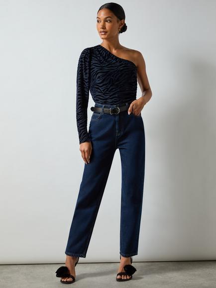 Ro&Zo One Shoulder Navy Zebra Top, Navy, Navy