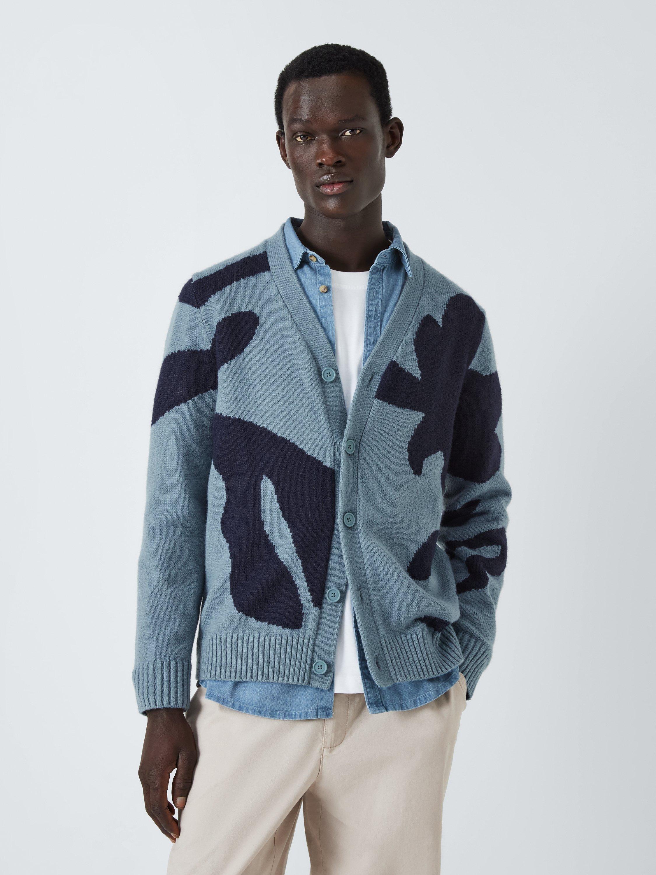 Product image 1 of 6, which shows John Lewis ANYDAY Intarsia Cotton Blend Knit V-Neck Cardigan, Blue Mirage, S