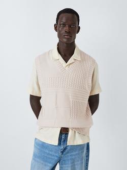 John Lewis ANYDAY Patchwork Cotton Blend Knit V-Neck Vest, Ecru