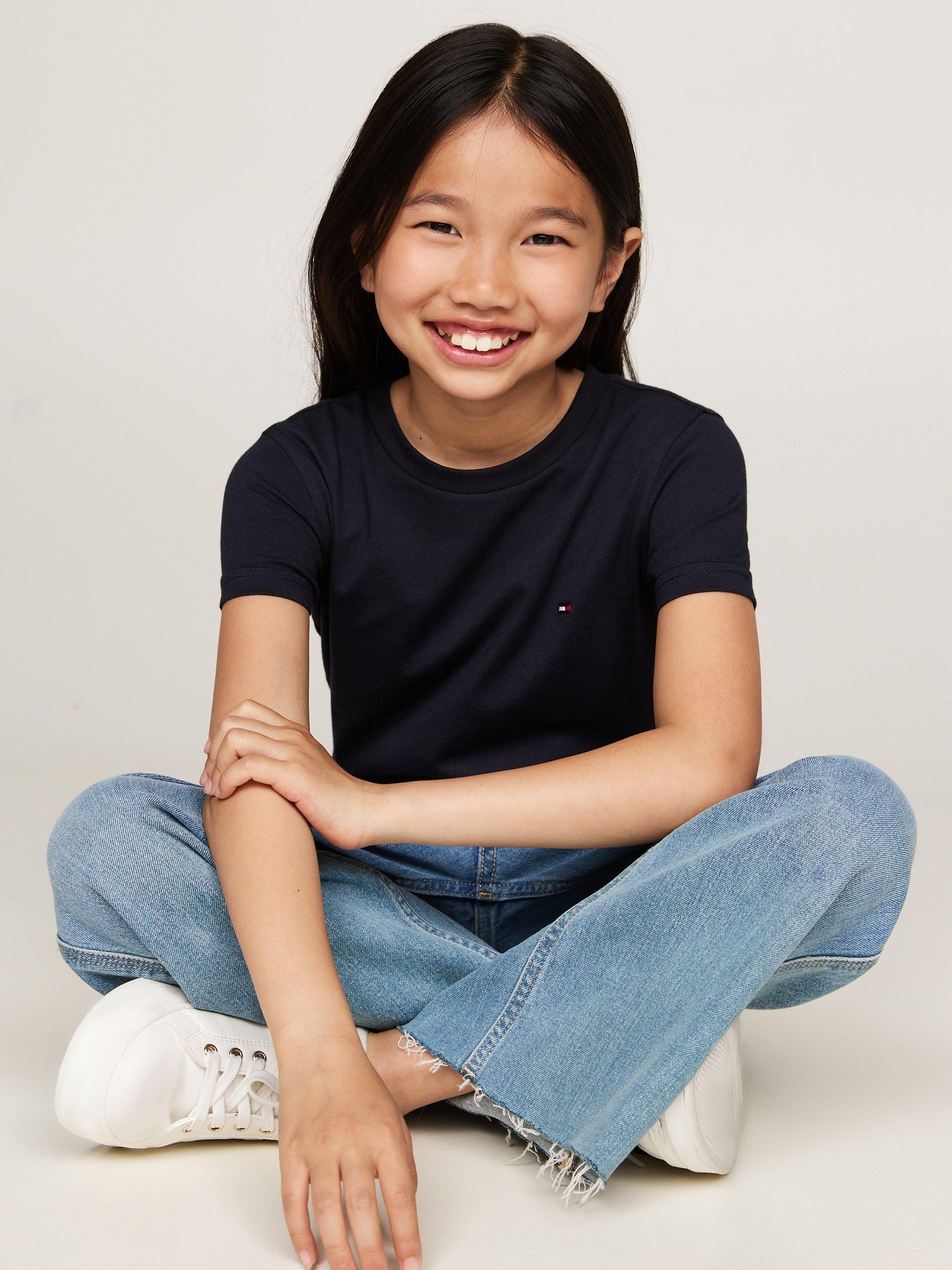 Product image 3 of 5, which shows Tommy Hilfiger Kids' Cotton Short Sleeve Pyjama Tops, Pack of 2, White / Desert Sky, 10-12 years