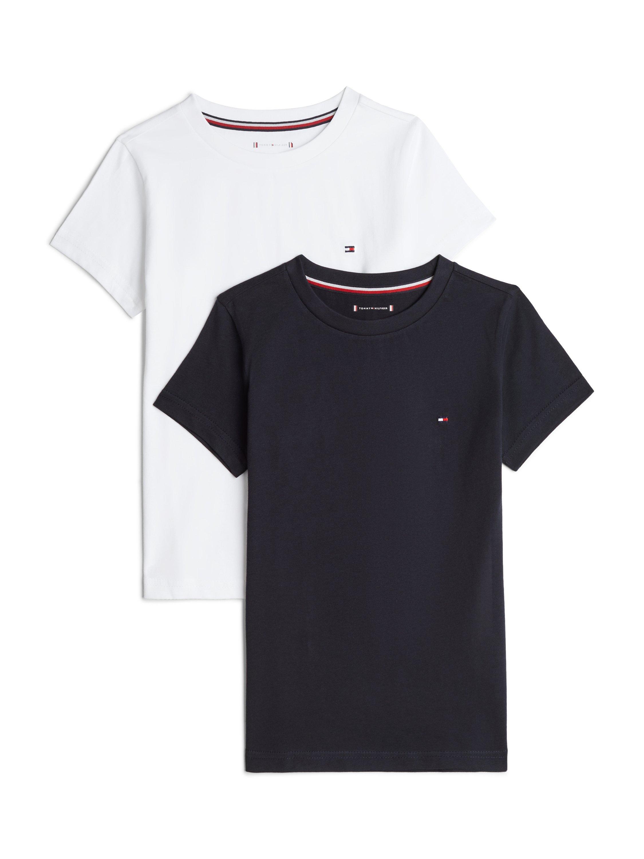Product image 1 of 5, which shows Tommy Hilfiger Kids' Cotton Short Sleeve Pyjama Tops, Pack of 2, White / Desert Sky, 10-12 years