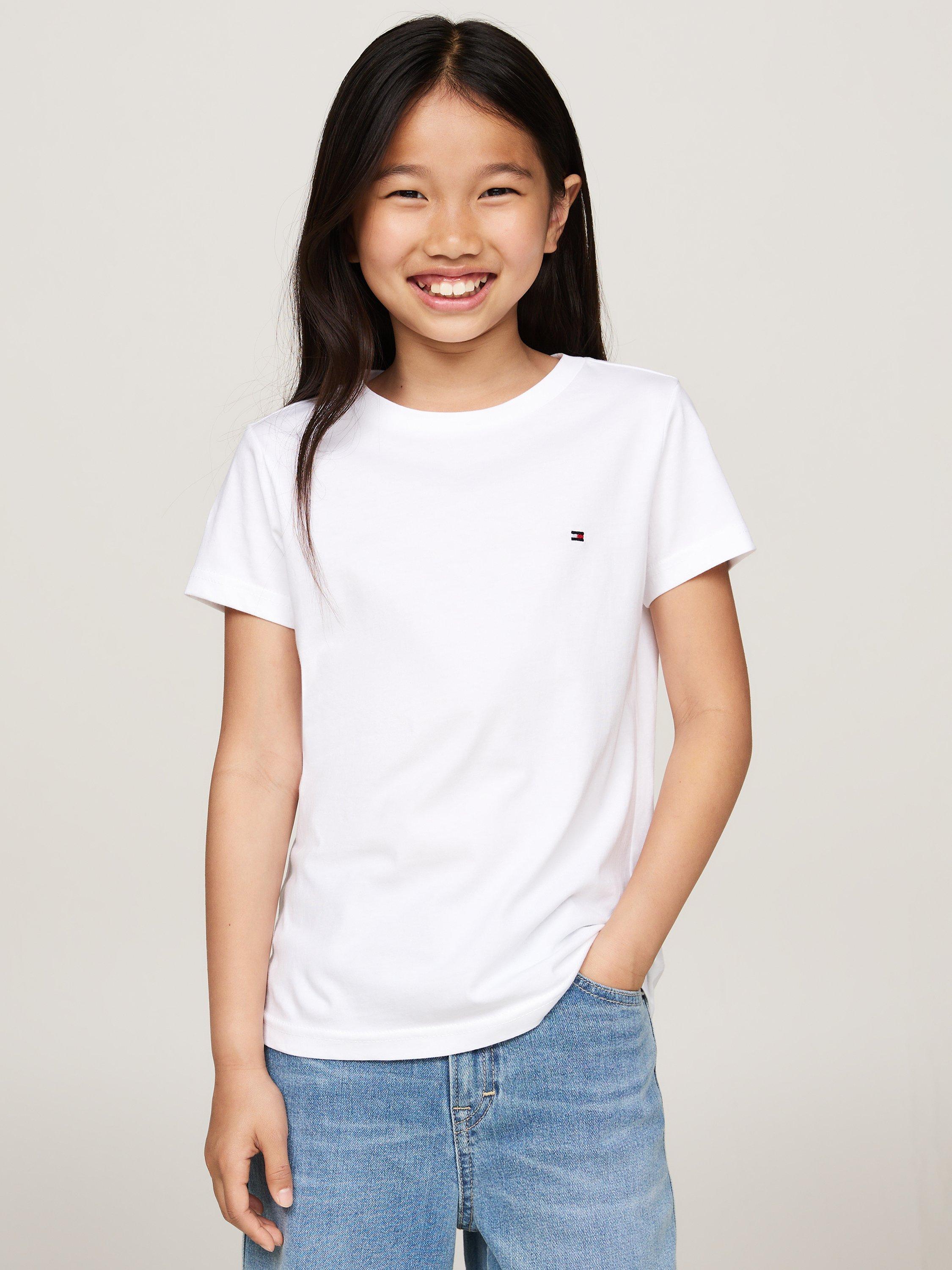 Product image 4 of 5, which shows Tommy Hilfiger Kids' Cotton Short Sleeve Pyjama Tops, Pack of 2, White / Desert Sky, 10-12 years
