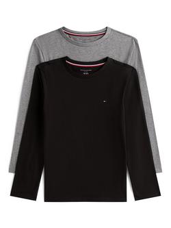 Tommy Hilfiger Kids' Cotton Long Sleeve Pyjama Tops, Pack of 2, Medium Grey Ht/Black