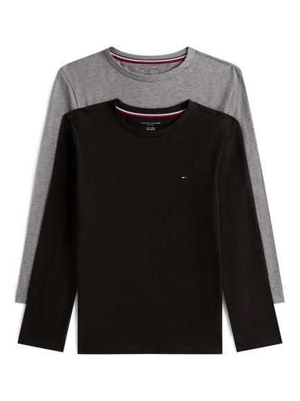 Tommy Hilfiger Kids' Cotton Long Sleeve Pyjama Tops, Pack of 2, Medium Grey Ht/Black