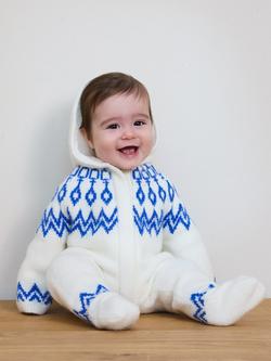 The Little Tailor Baby Fair Isle Knitted Hooded Pramsuit, Blue/Cream, Blue/Cream