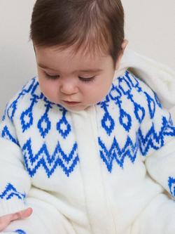 The Little Tailor Baby Fair Isle Knitted Hooded Pramsuit, Blue/Cream - view 2, Blue/Cream