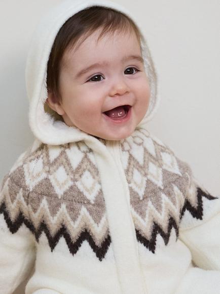 The Little Tailor Baby Fair Isle Knitted Hooded Pramsuit, Cream/Taupe, Cream/Taupe