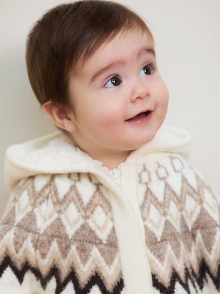 The Little Tailor Baby Fair Isle Knitted Hooded Pramsuit, Cream/Taupe - view 2, Cream/Taupe
