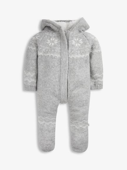 The Little Tailor Baby Fair Isle Knitted Hooded Pramsuit, Grey - view 2, Grey
