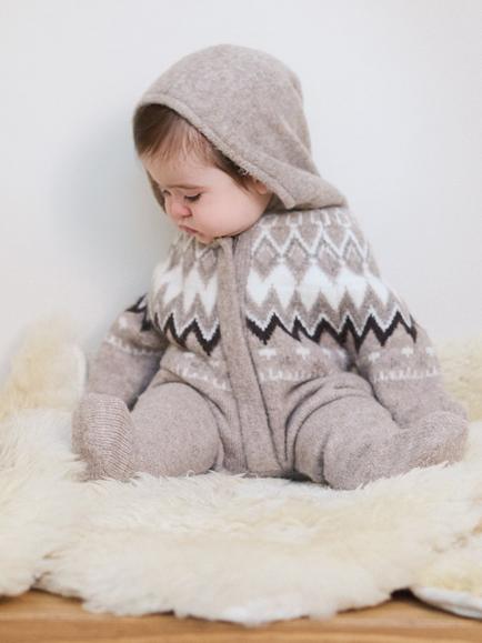 The Little Tailor Baby Fair Isle Knitted Hooded Pramsuit, Mouse/Cream, Mouse/Cream