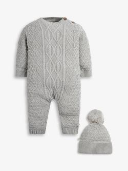 The Little Tailor Baby Cable Knit Romper & Hat Set, Grey