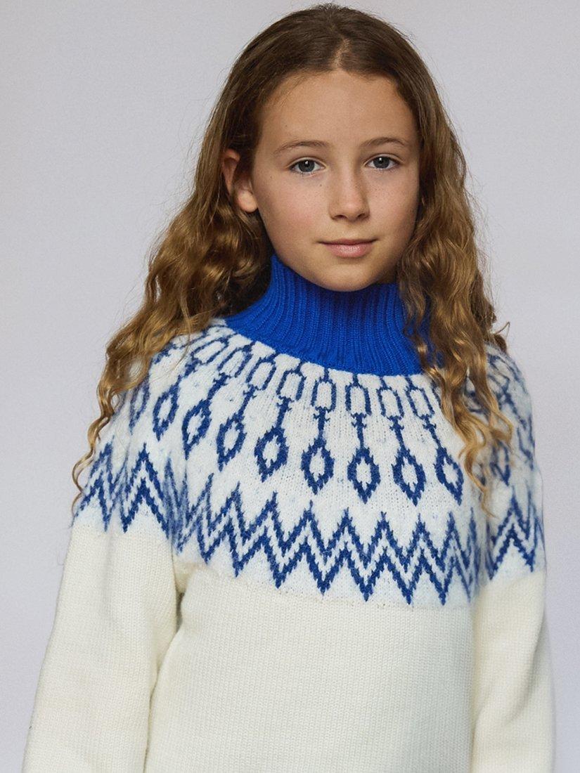 Product image 1 of 5, which shows The Little Tailor Kids' Wool Blend Fair Isle Diamond Jumper, Blue/Cream, 2-3 years