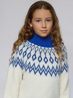 The Little Tailor Kids' Wool Blend Fair Isle Diamond Jumper, Blue/Cream, Blue/Cream