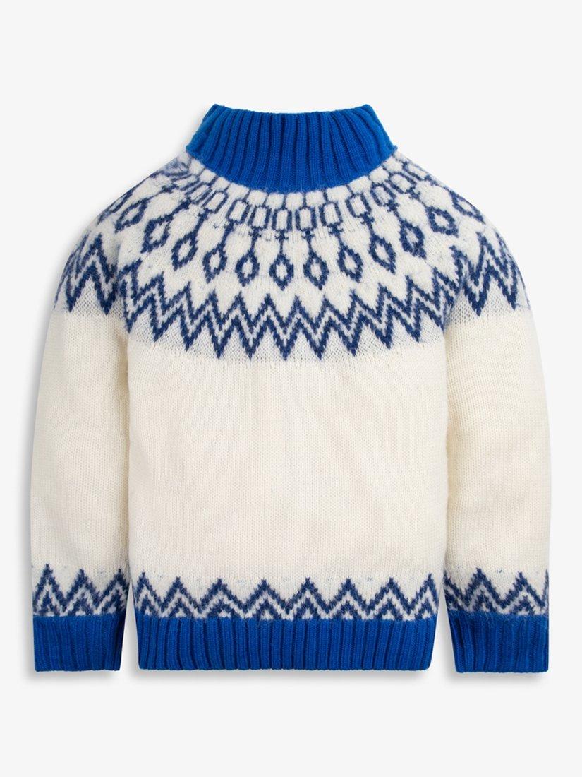 Product image 2 of 5, which shows The Little Tailor Kids' Wool Blend Fair Isle Diamond Jumper, Blue/Cream, 2-3 years
