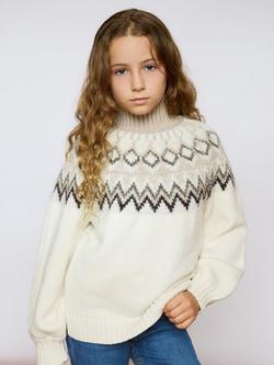 The Little Tailor Kids' Wool Blend Fair Isle Diamond Jumper, Cream/Taupe, Cream/Taupe