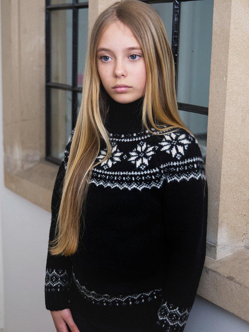 Product image 1 of 4, which shows The Little Tailor Kids' Funnel Neck Snowflake Fair Isle Jumper, Black, 2-3 years