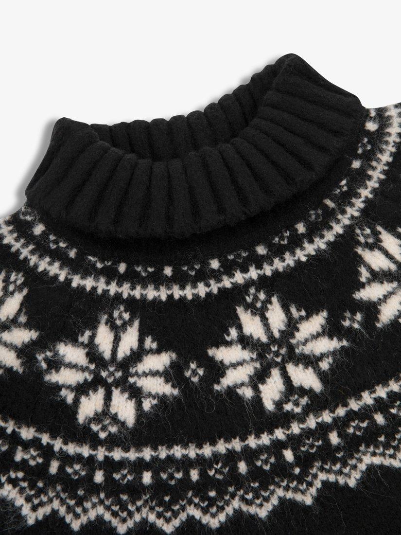 Product image 3 of 4, which shows The Little Tailor Kids' Funnel Neck Snowflake Fair Isle Jumper, Black, 2-3 years