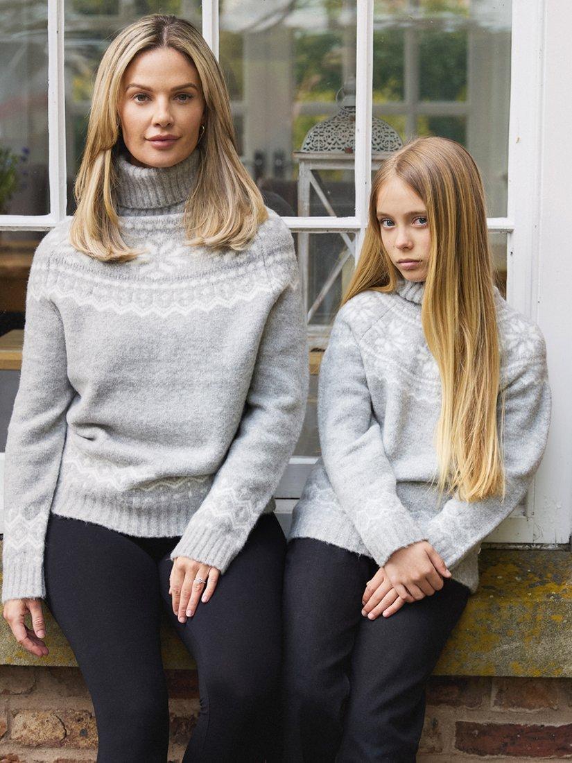 Product image 2 of 4, which shows The Little Tailor Kids' Funnel Neck Snowflake Fair Isle Jumper, Grey, 2-3 years