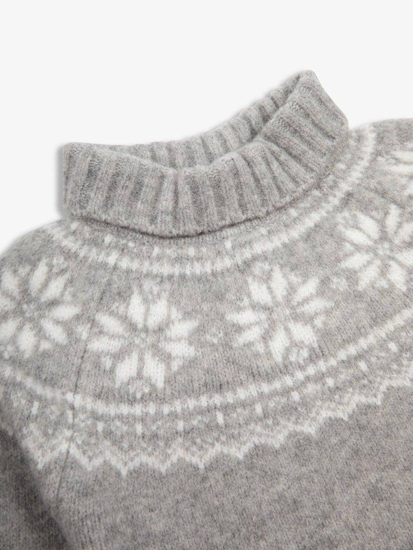 Product image 3 of 4, which shows The Little Tailor Kids' Funnel Neck Snowflake Fair Isle Jumper, Grey, 2-3 years