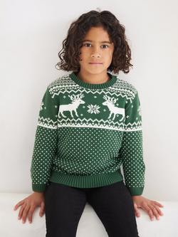 The Little Tailor Kids' Fair Isle Cotton Jumper, Green - view 2, Green