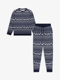 The Little Tailor Reindeer Christmas Fairisle Pyjamas, Navy