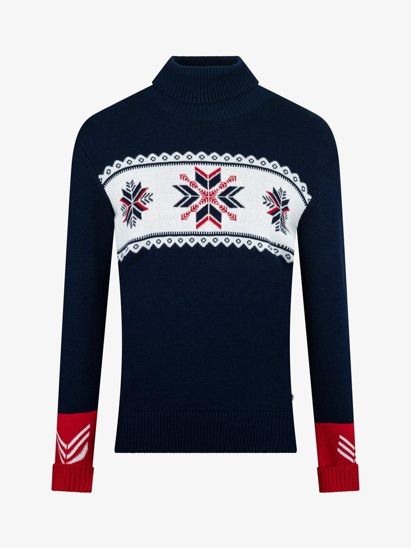 Product image 4 of 7, which shows The Little Tailor Slim Fit Roll Neck Jumper , Navy/Red, XS
