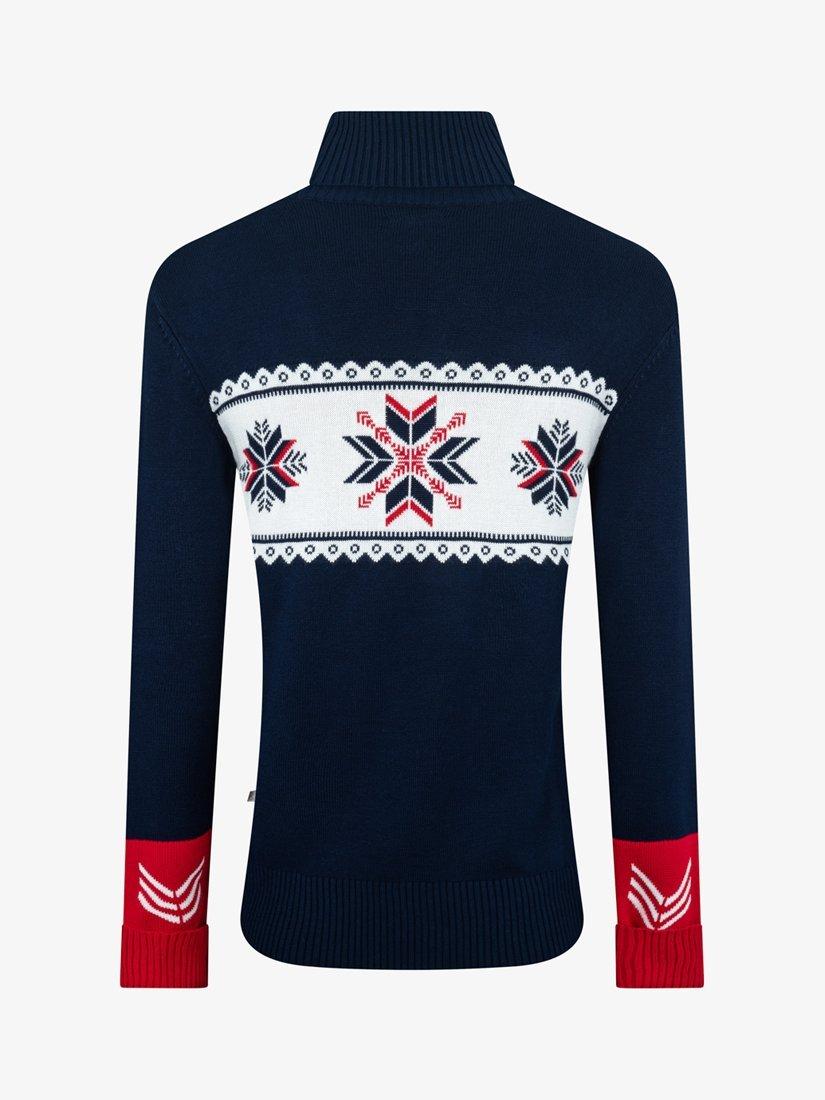 Product image 5 of 7, which shows The Little Tailor Slim Fit Roll Neck Jumper , Navy/Red, XS
