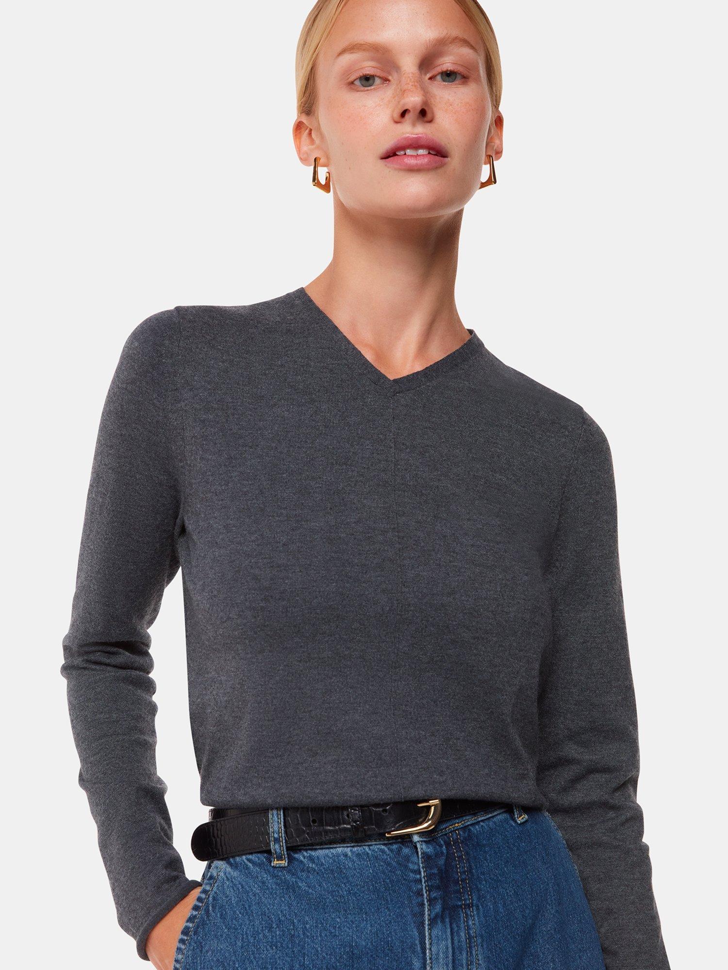 Product image 1 of 5, which shows Whistles Mila V-Neck Jumper, Dark Grey, 6