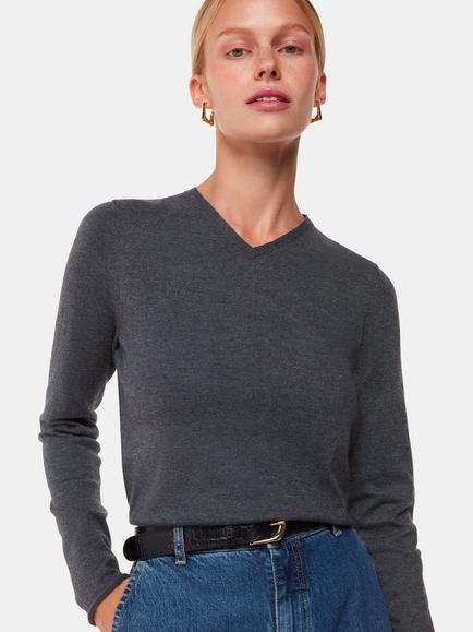 Whistles Mila V-Neck Jumper, Dark Grey, Dark Grey