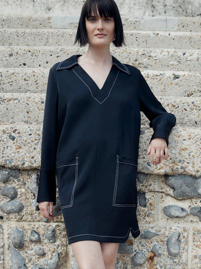 Product image 6 of 6, which shows Whistles Topstitch Detail Mini Shirt Dress, Black, 8