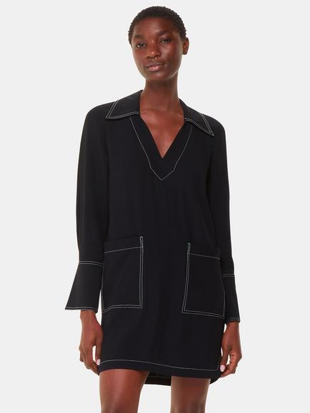 Whistles Topstitch Detail Mini Shirt Dress, Black, Black