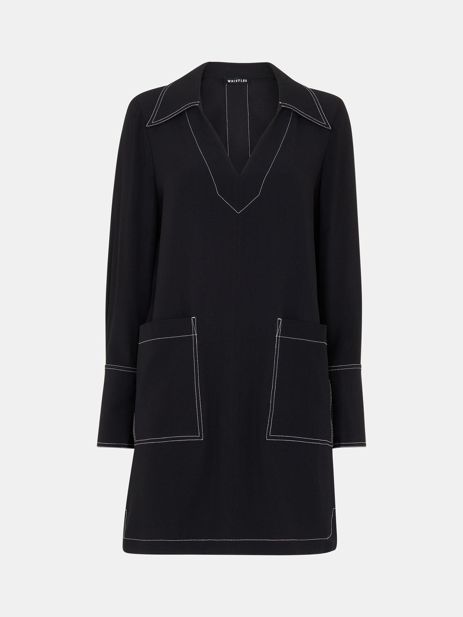 Product image 5 of 6, which shows Whistles Topstitch Detail Mini Shirt Dress, Black, 8