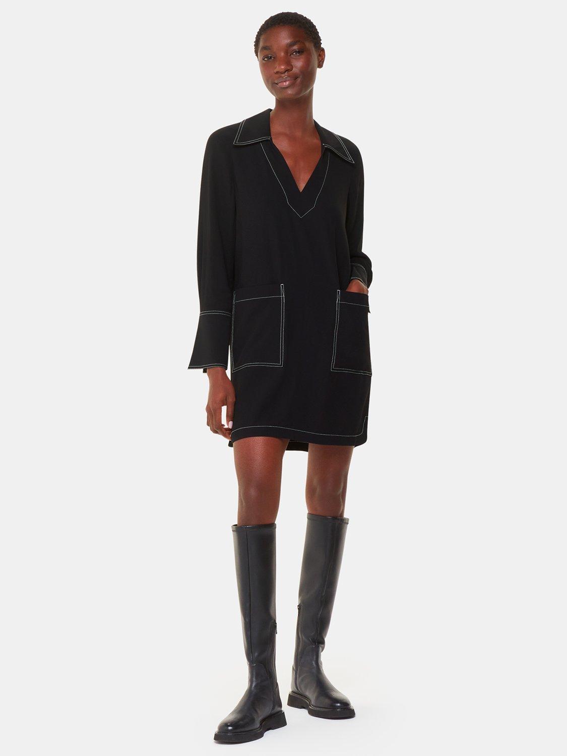 Product image 3 of 6, which shows Whistles Topstitch Detail Mini Shirt Dress, Black, 8